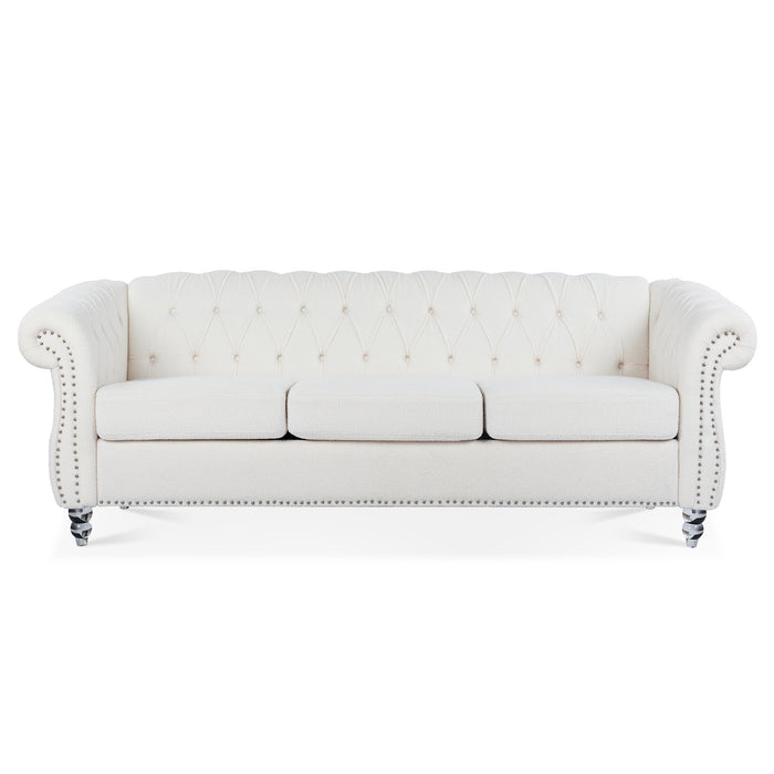 Rolled Arm Chesterfield 3 Seater Sofa - White