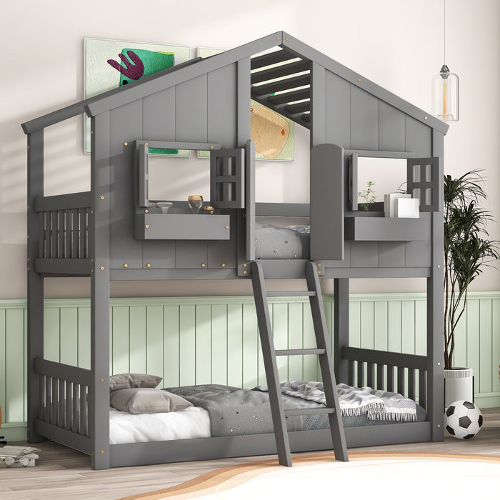 Twin over Twin House Bunk Bed with Roof & Windows - Grey