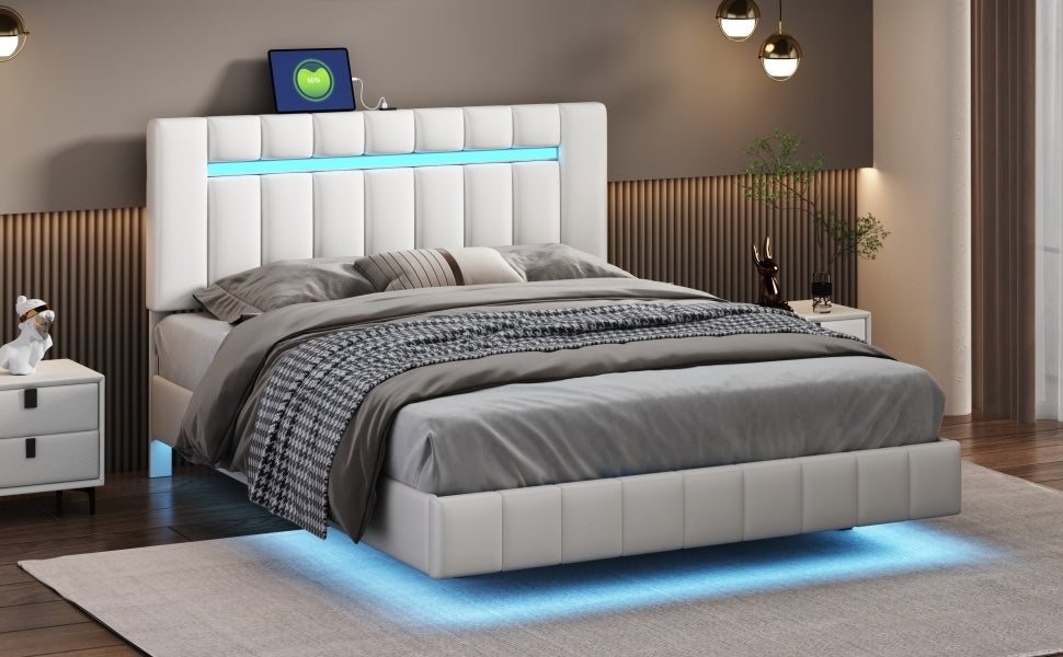 Queen Size Modern Upholstered Platform LED Bed with LED Lights and USB Charging - White