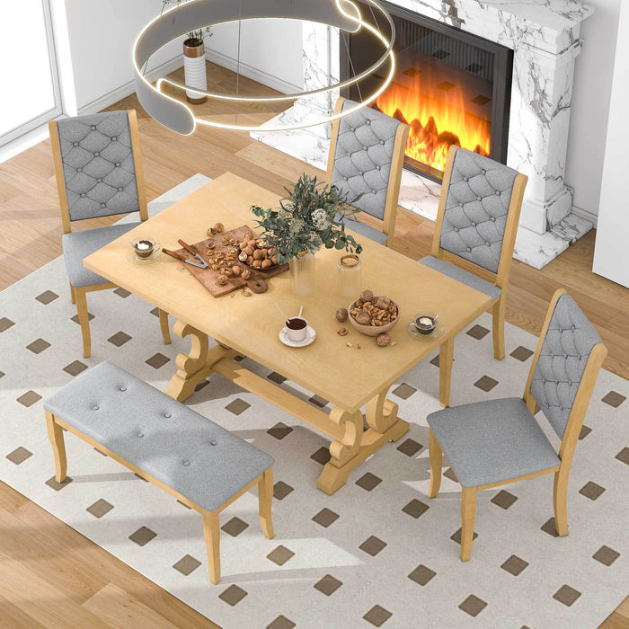 6-Piece Retro Dining Set with Unique-designed Table Legs  - Natural Wood Wash