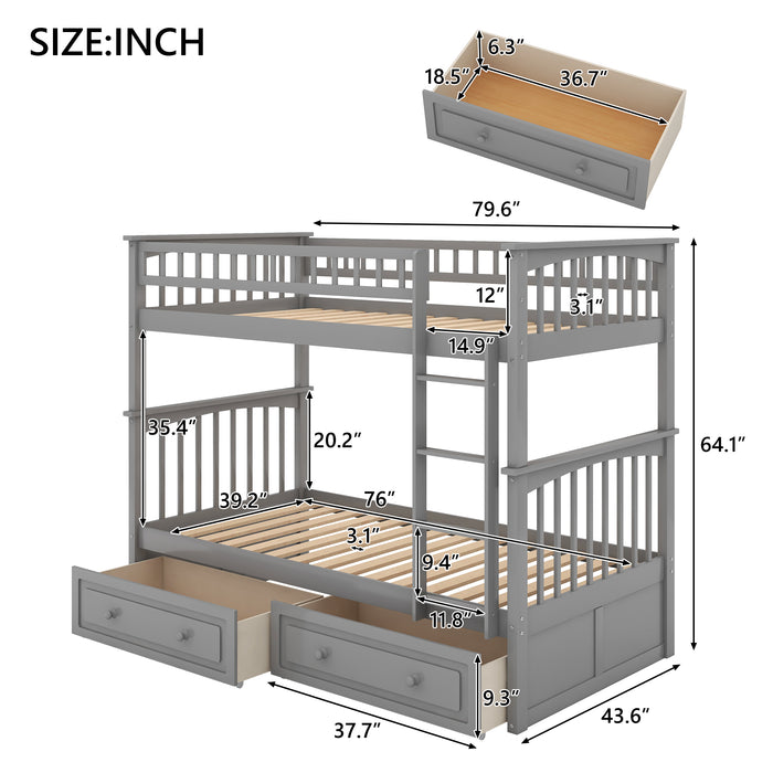 Twin over Twin Bunk Bed with Drawers, Convertible Beds, Gray