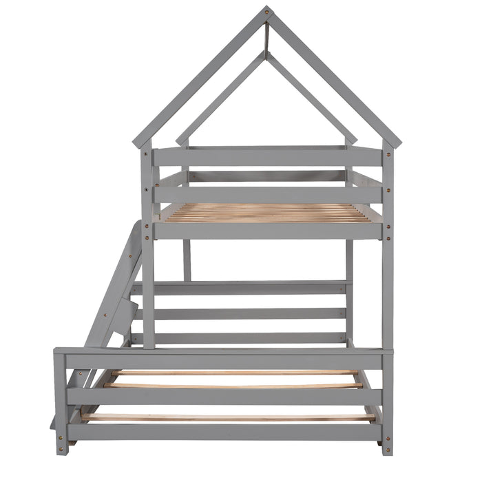 Twin over Full House Bunk Bed with Built-in Ladder - Gray