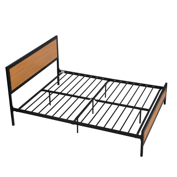 Queen Size Platform Bed Frame with Rustic Headboard and Footboard - Brown