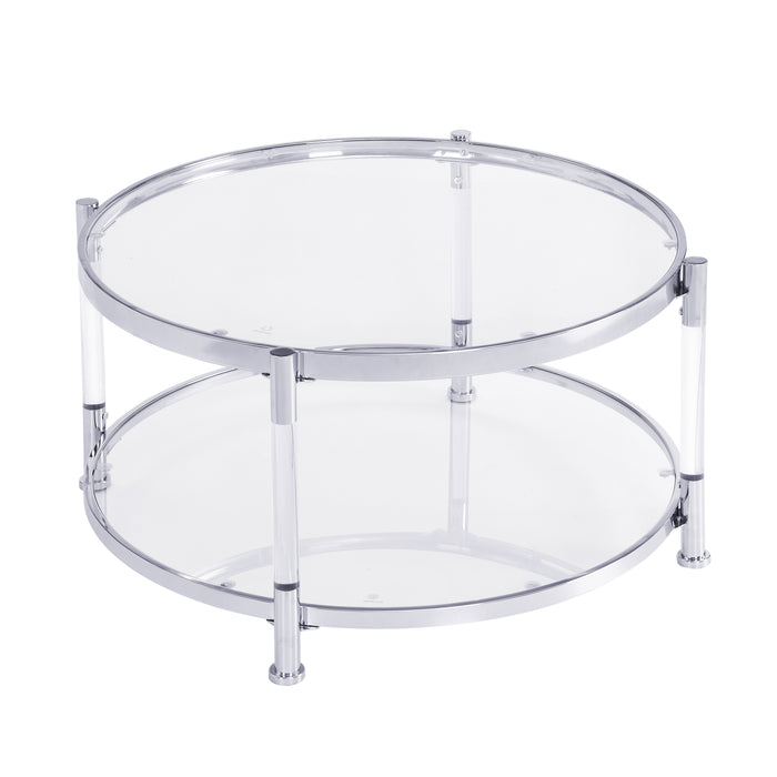 Contemporary Acrylic Coffee Table, Round Tempered Glass - Chrome/Silver