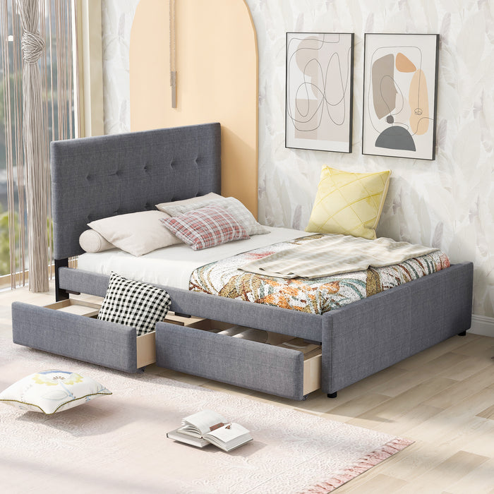 Queen Size Linen Upholstered Platform Bed With Headboard and Two Drawers, Gray