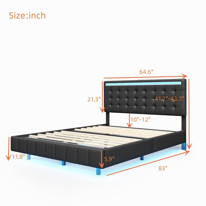 Queen Size Modern Upholstered Platform Bed with LED Lights and USB Charging - Black