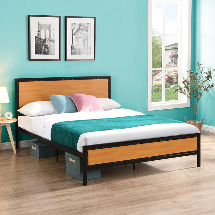 Queen Size Platform Bed Frame with Rustic Headboard and Footboard - Brown