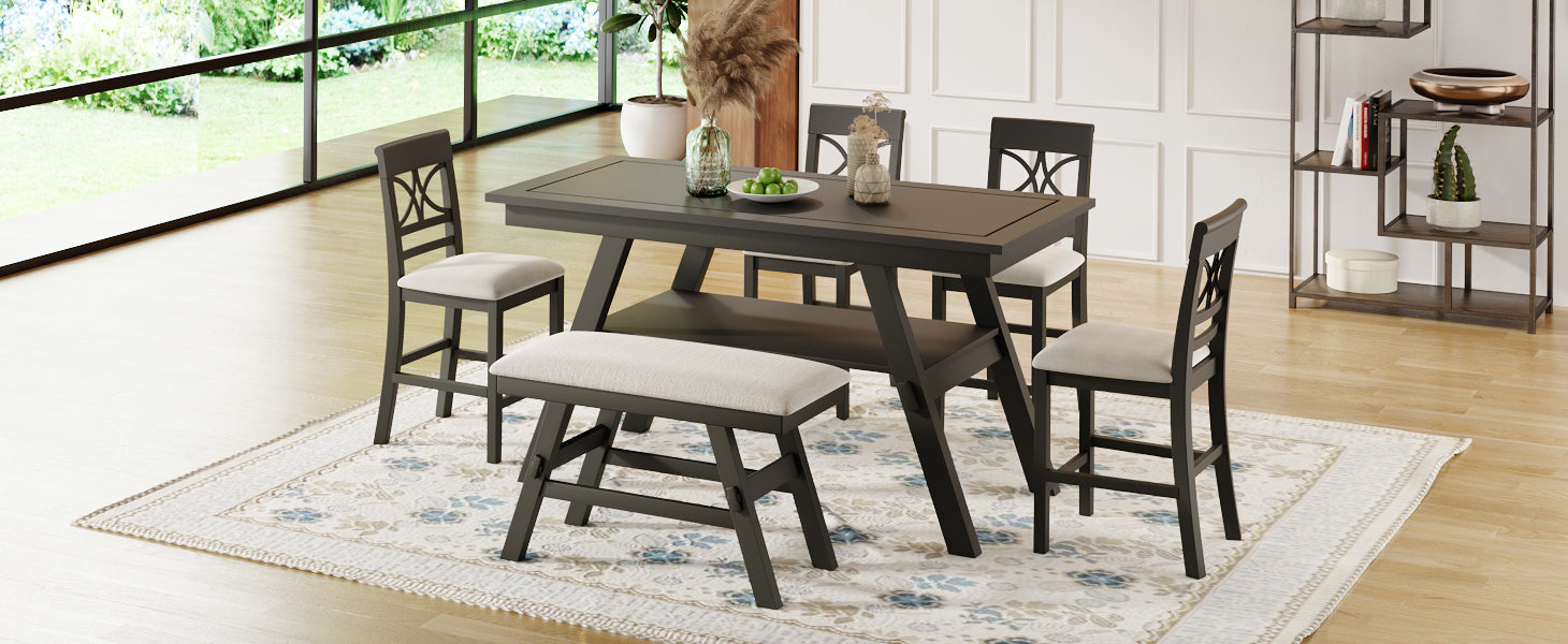 6-Piece Wood Counter Height Dining Table Set - Espresso + Beige Cushion