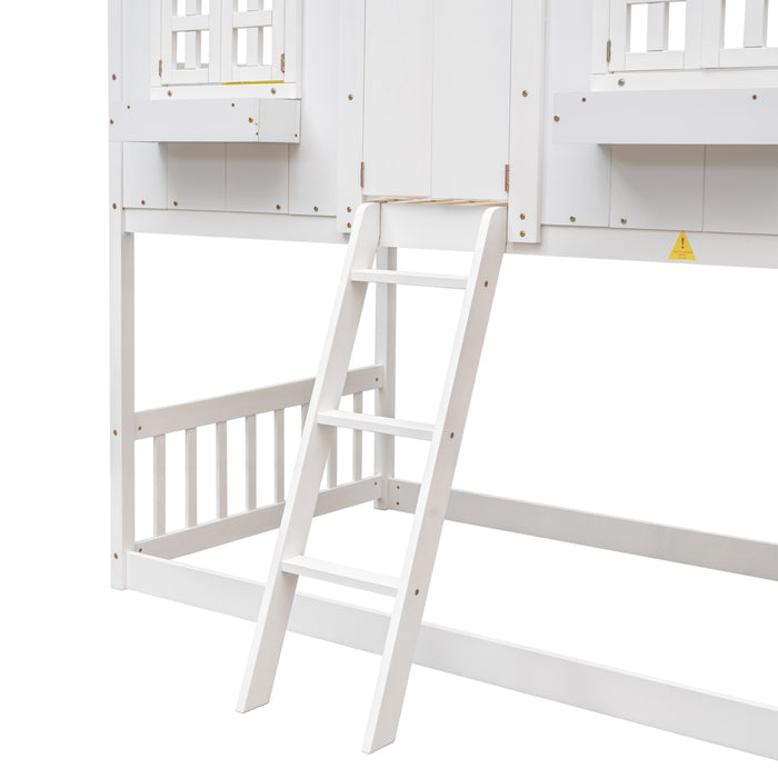 Twin over Twin House Bunk Bed with Roof , Windows - White