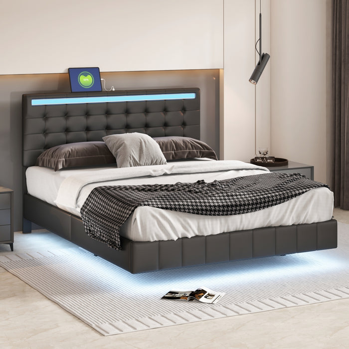 Queen Size Modern Upholstered Platform Bed with LED Lights and USB Charging - Black