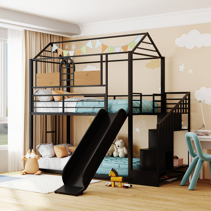 Twin Over Twin Metal House Bunk Bed - Black