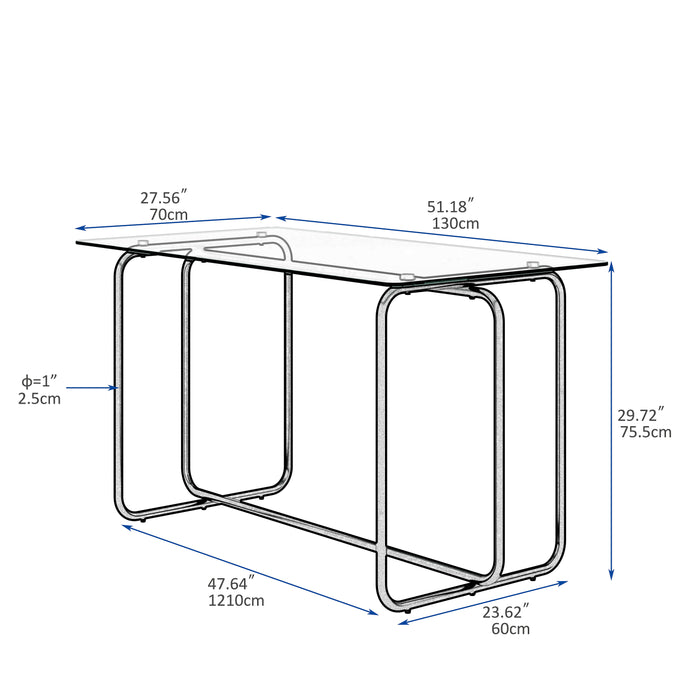 1-piece Rectangle Dining Table with Black Metal Frame, Tempered Glass (Transparent+Black)