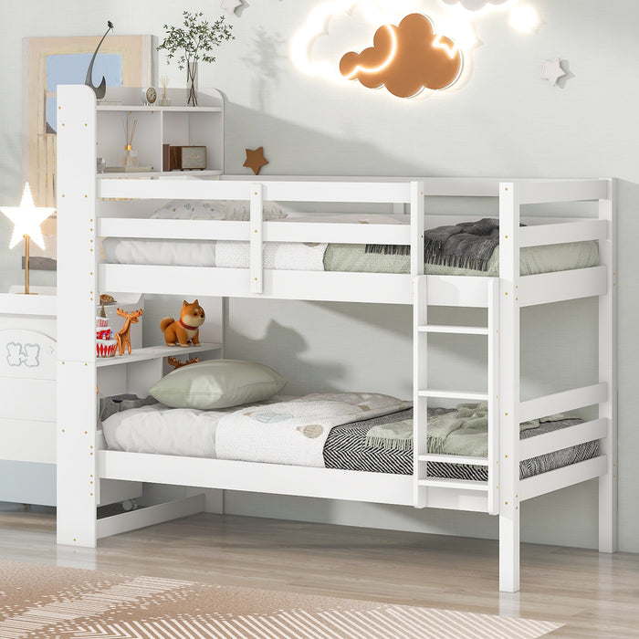 Twin Over Twin Bunk Beds with Bookcase Headboard - White