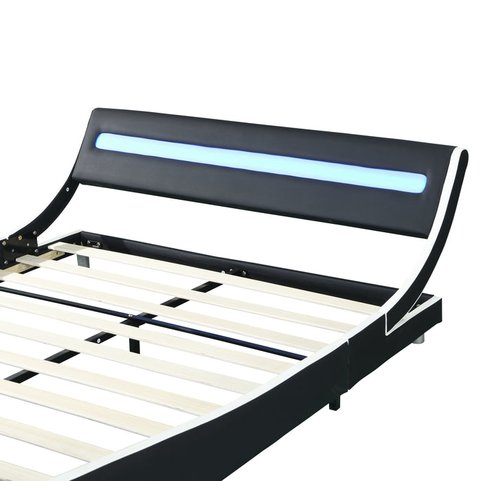 Queen Size Faux Leather Upholstered Platform Bed Frame with led lighting - Black and White