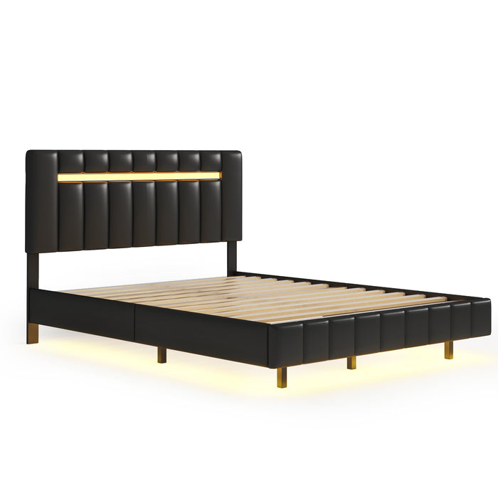 Queen Size Modern Upholstered Platform LED Bed  with LED Lights and USB Charging - Black