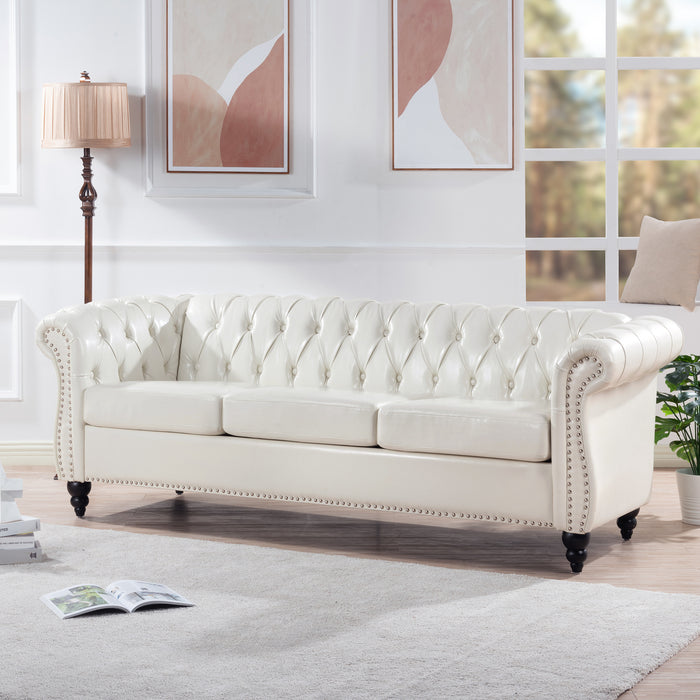 Rolled Arm Chesterfield 3 Seater Sofa - White