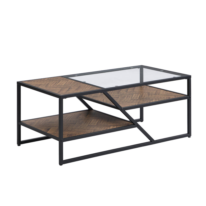 Black Coffee Table with Storage Shelf - Tempered Glass