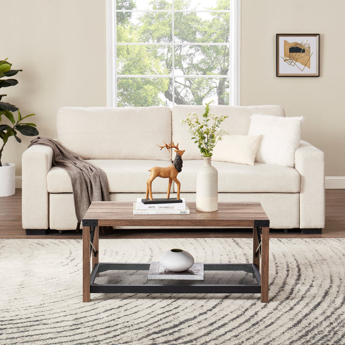 Farmhouse Style 2-Tier Cocktail Table with Mesh Shelf For Living Room - Brown