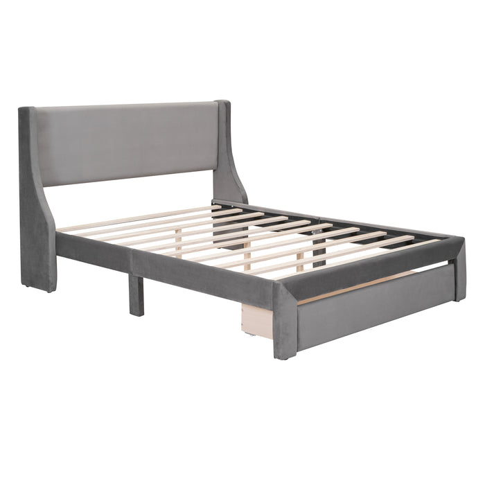 Queen Size Storage Bed Velvet Upholstered Platform Bed with a Big Drawer - Gray