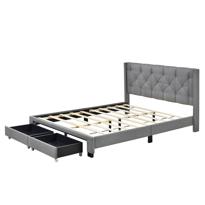 Queen Size Storage Bed Linen Upholstered Platform Bed with Two Drawers - Gray