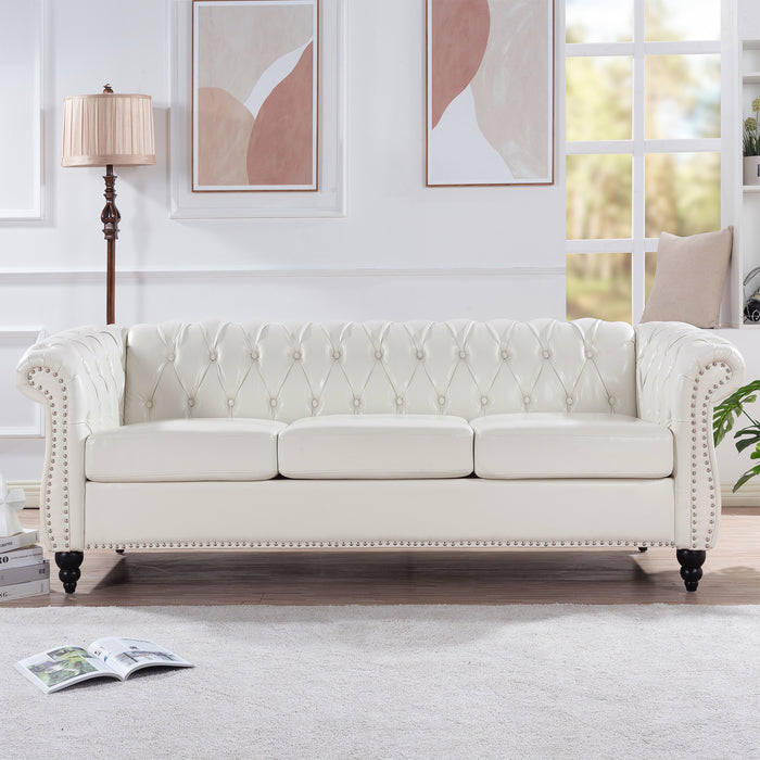 Rolled Arm Chesterfield 3 Seater Sofa - White