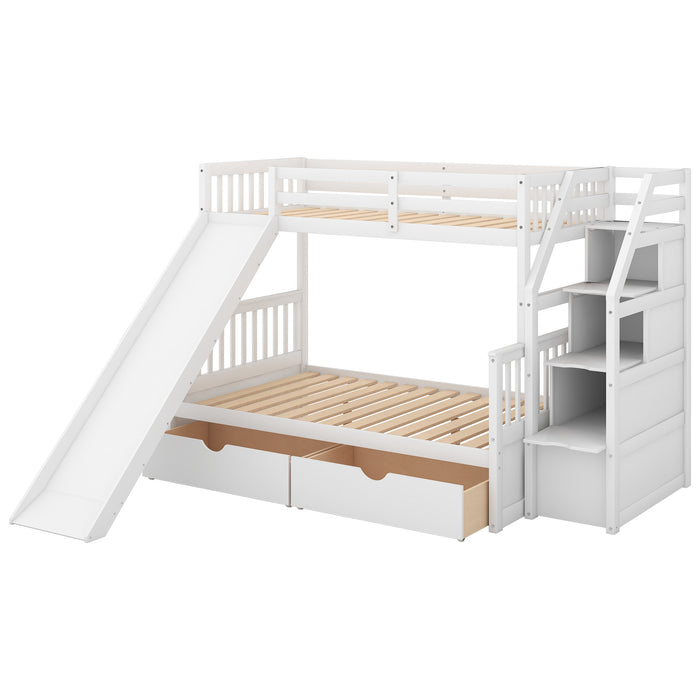 Multifunction Twin over Full Bunk Bed with Drawers, Storage and Slide - White