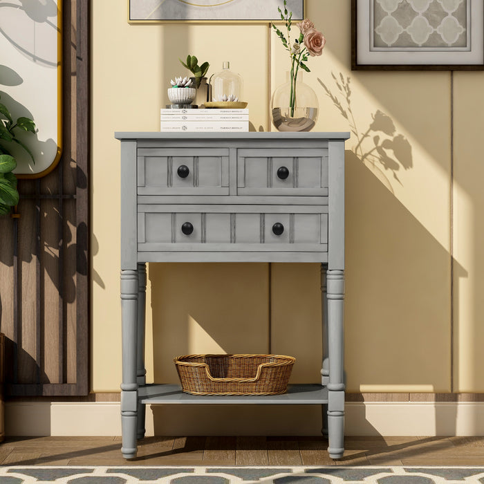 Narrow Console Table with Three Storage Drawers and Bottom Shelf - Gray Wash