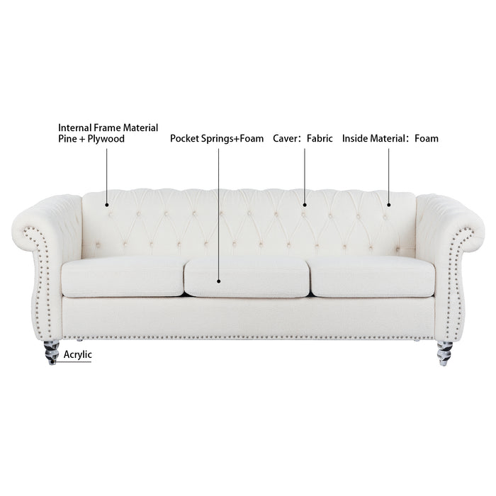 Rolled Arm Chesterfield 3 Seater Sofa - White