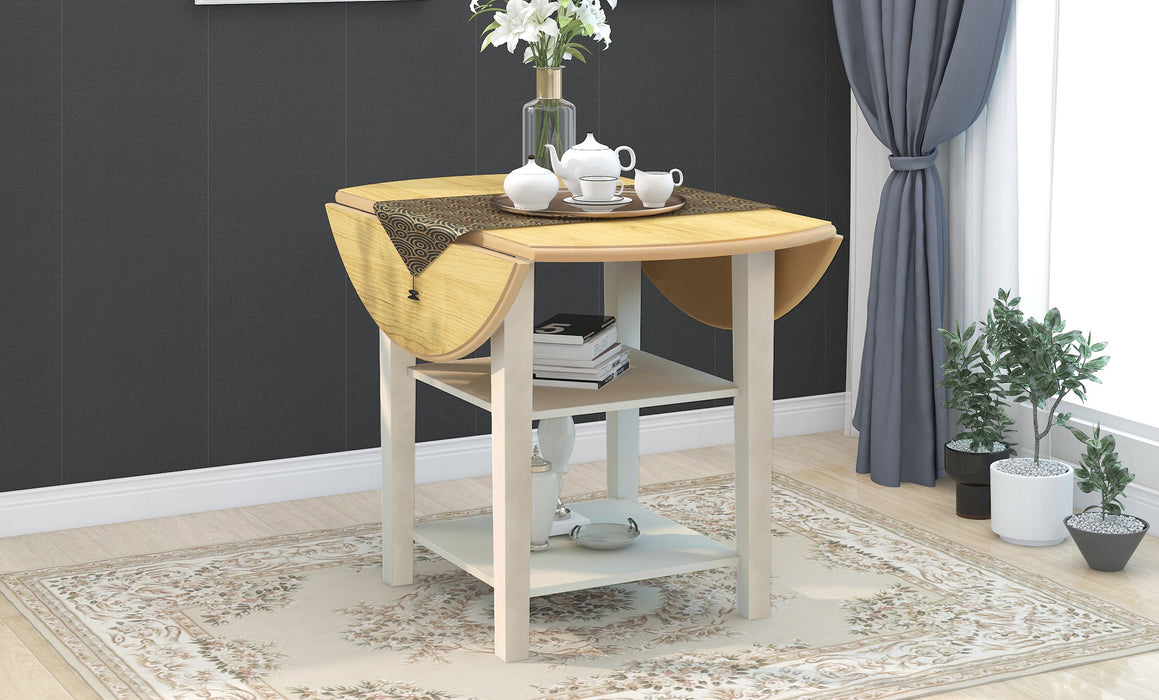 Farmhouse Round Kitchen Dining Table with Drop Leaf  and  2-tier Shelves