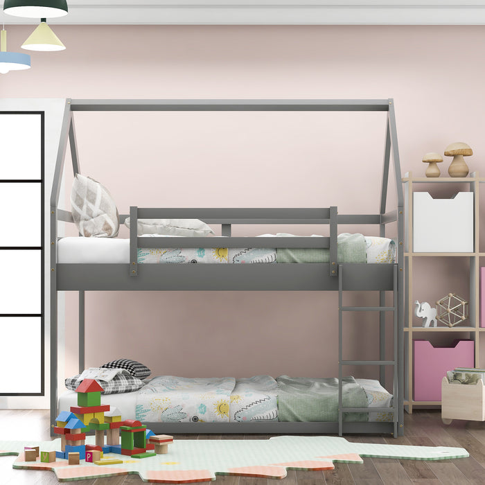 Twin over Twin Low  House Bunk Bed - Gray