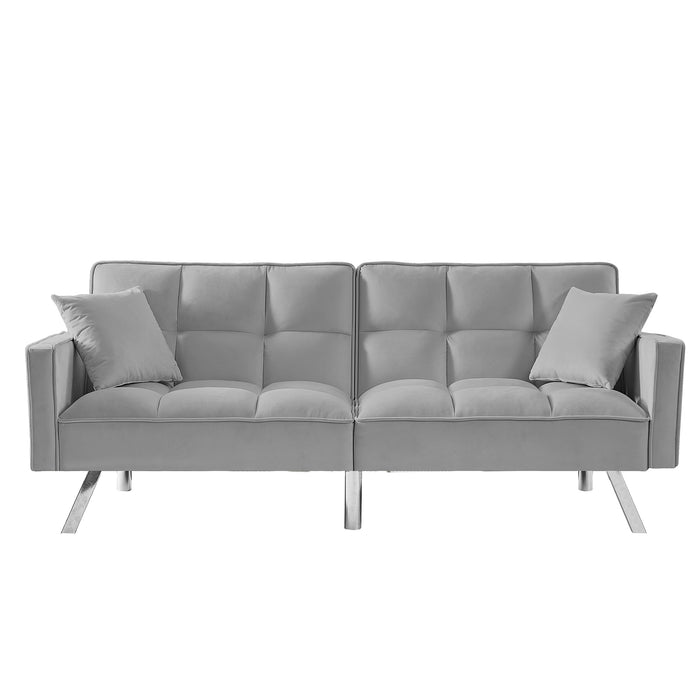 Modern Velvet Sofa  Bed with Armrests and 2 Pillows - Light Grey