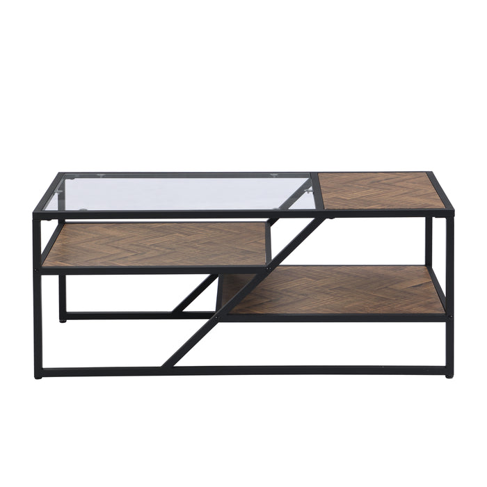 Black Coffee Table with Storage Shelf - Tempered Glass