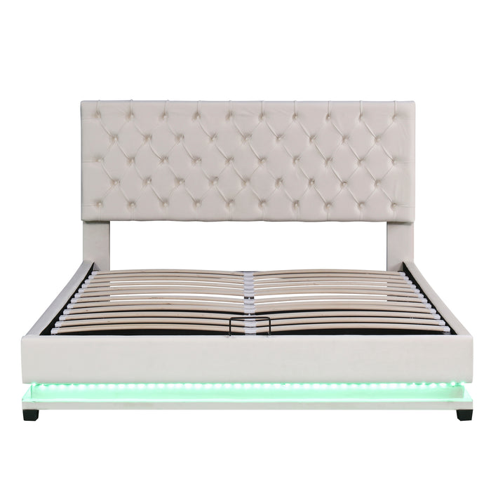 Queen Size Storage Upholstered Platform Bed with Adjustable Tufted Headboard and LED Light - Beige