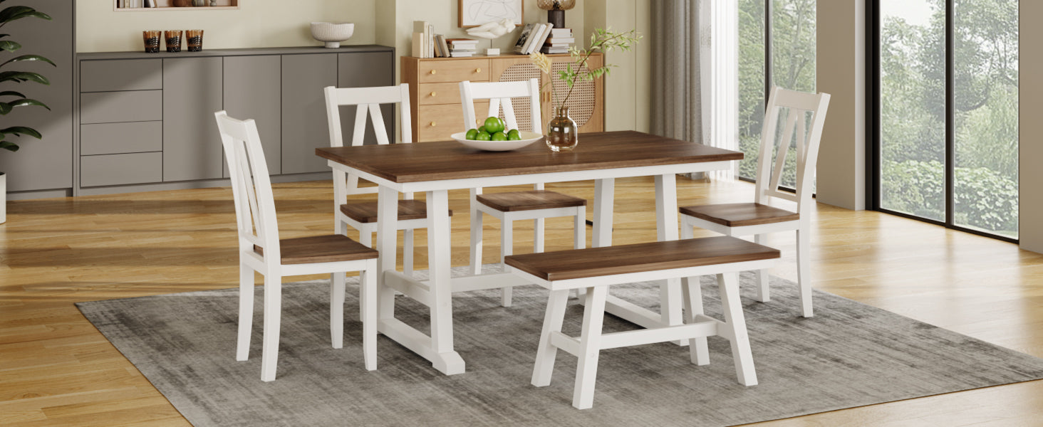 6-Piece Wood Dining Table Set Kitchen Table Set- Walnut + White