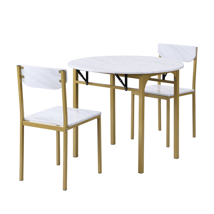 3-Piece  Modern Round Dining Table Set with Drop Leaf - Golden Frame + Faux White Granite Finish