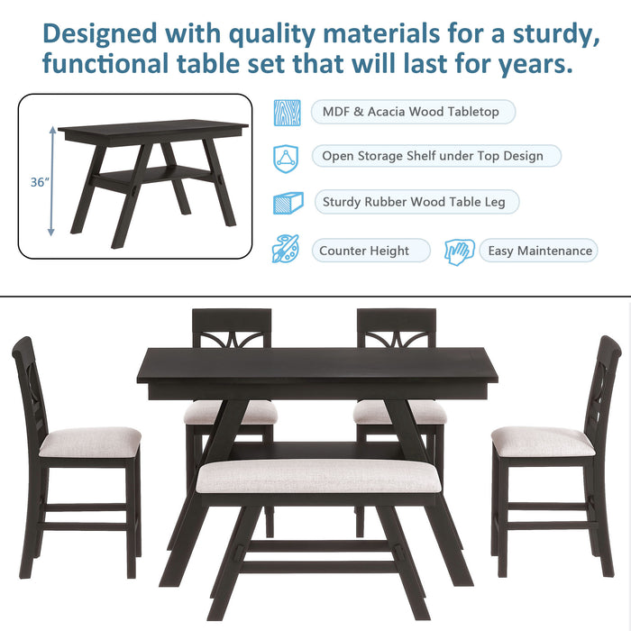 6-Piece Wood Counter Height Dining Table Set - Espresso + Beige Cushion