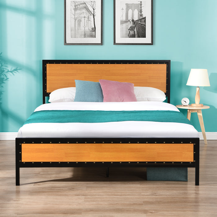 Queen Size Platform Bed Frame with Rustic Headboard and Footboard - Brown