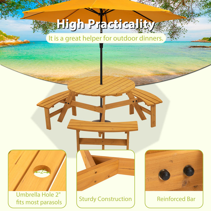 6-Person Circular Outdoor Wooden Picnic Table  - Natural