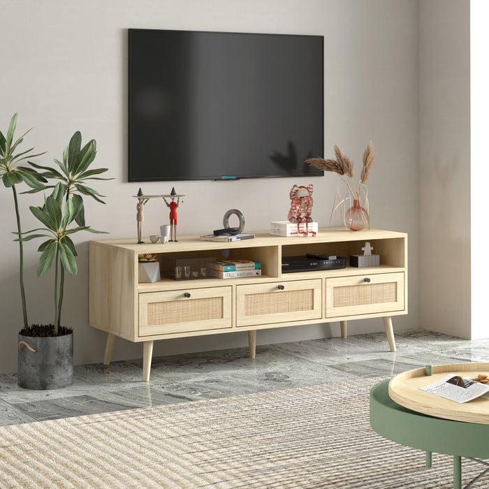 Rattan TV Stand with Solid Wood Feet - Natural