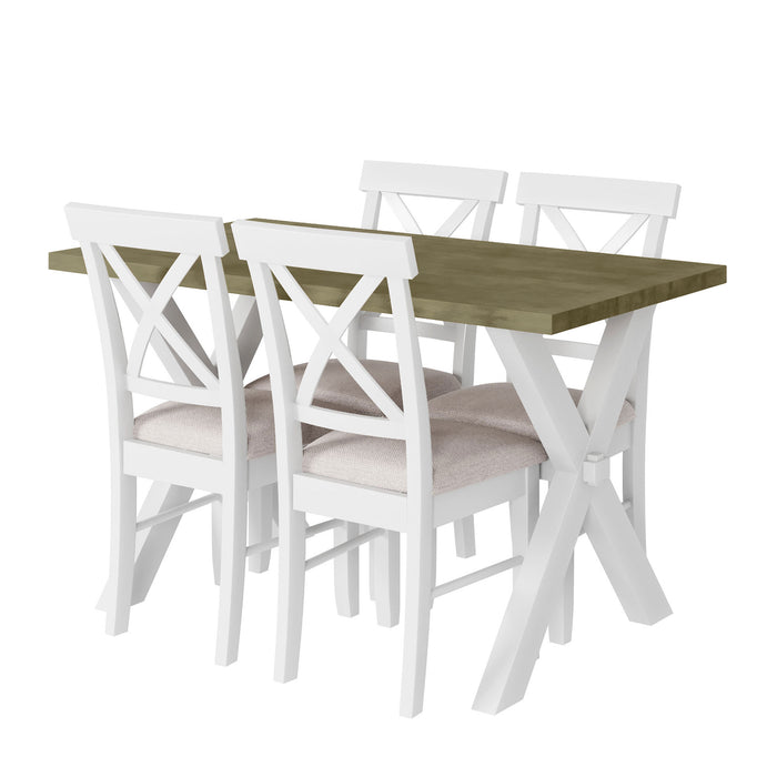 5-Pieces Farmhouse Rustic Wood Kitchen Dining Table Set - White + Beige