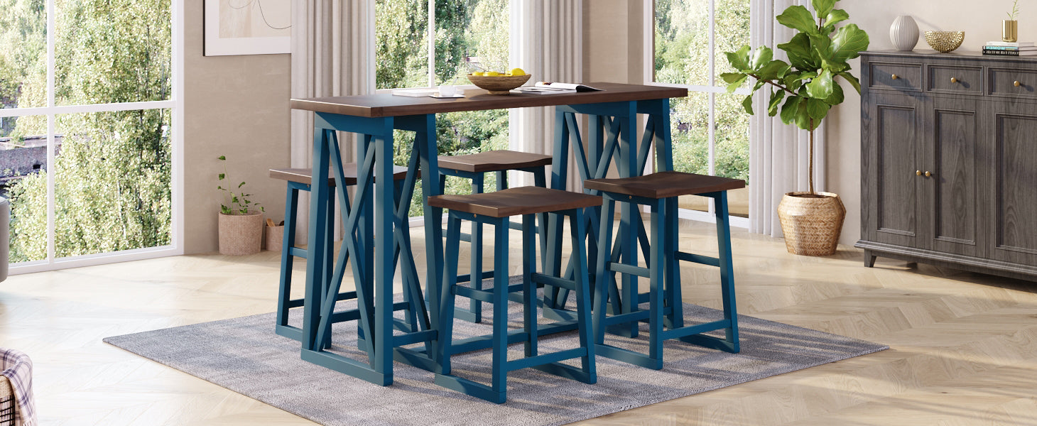 5-Piece Rustic Counter Height Dining Set - Walnut+Blue