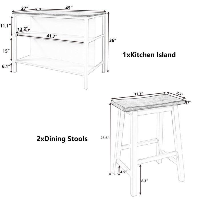 3-piece Solid Wood Rustic  45" Stationary Kitchen Island Set - Natural + Gray