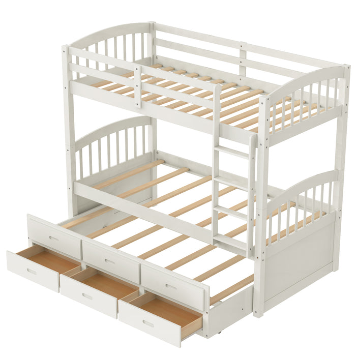 Twin over Twin Wood Bunk Bed with Trundle and Drawers - White