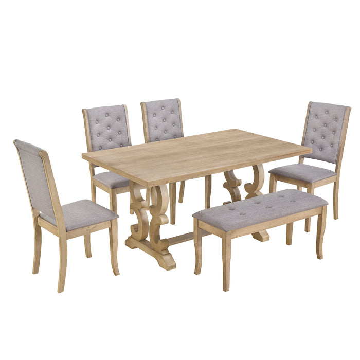 6-Piece Retro Dining Set with Unique-designed Table Legs - Beige Wash