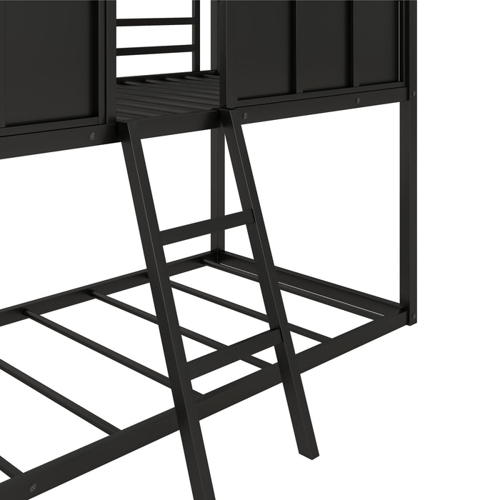 Twin over Twin Size Metal Low Bunk Beds with Roof and Fence-shaped Guardrail, Black