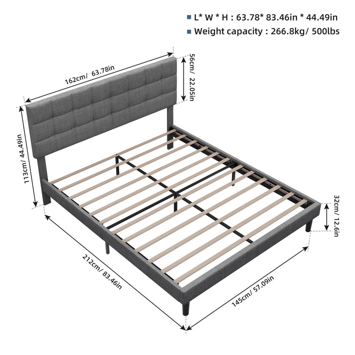 Queen Size Upholstered Platform Bed Linen Bed Frame with Lights Square Stitched Adjustable Headboard  - Gray