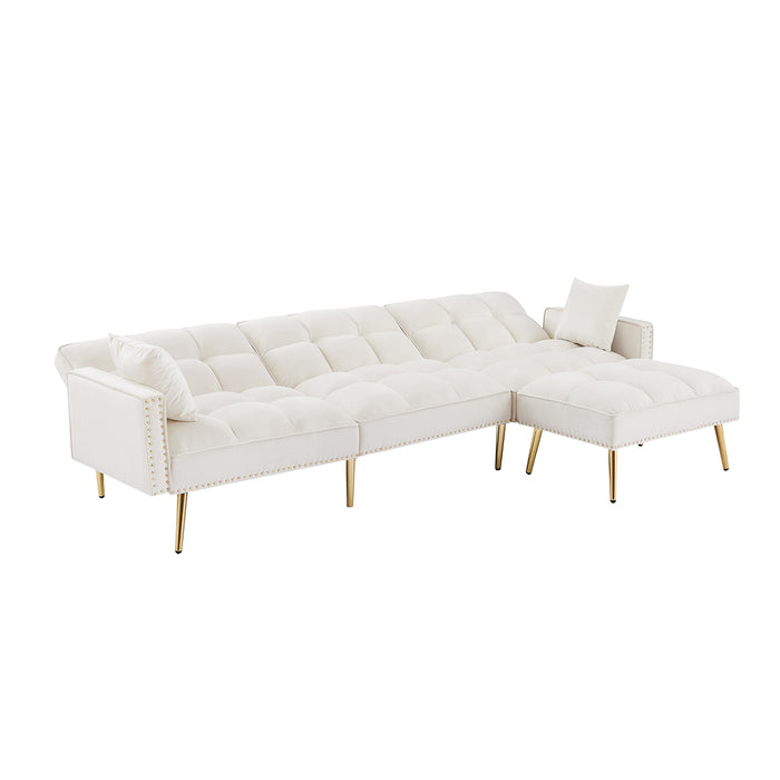 Velvet Upholstered Reversible Sectional Sofa Bed , L-Shaped Couch with Movable Ottoman - cream white