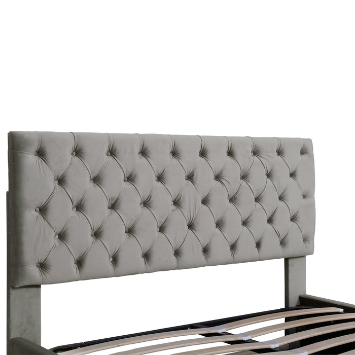 Queen Size Storage Upholstered Platform Bed with Adjustable Tufted Headboard and LED Light - Gray