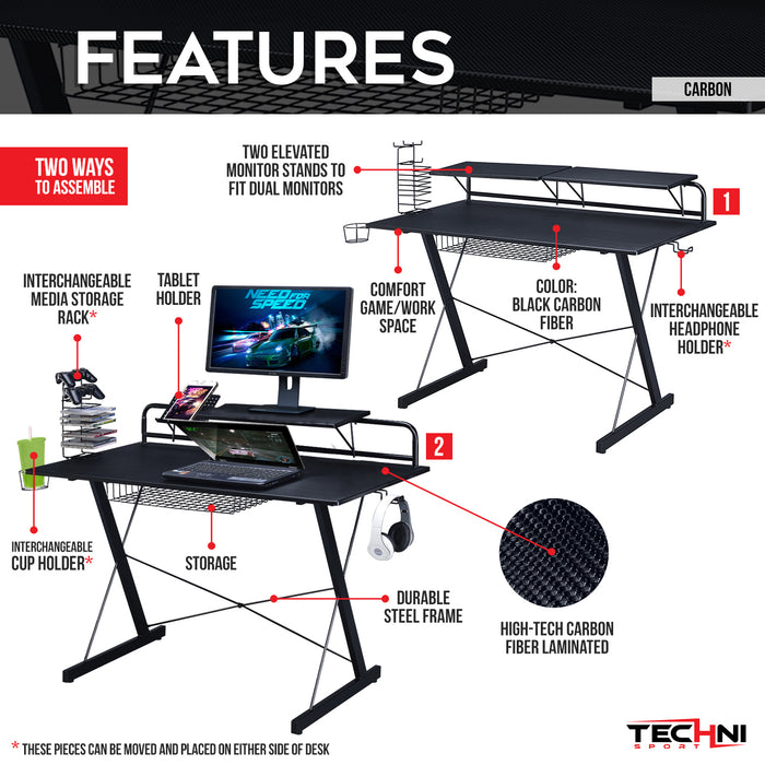 Sport TS-200 Carbon Computer Gaming Desk with Shelving, Black