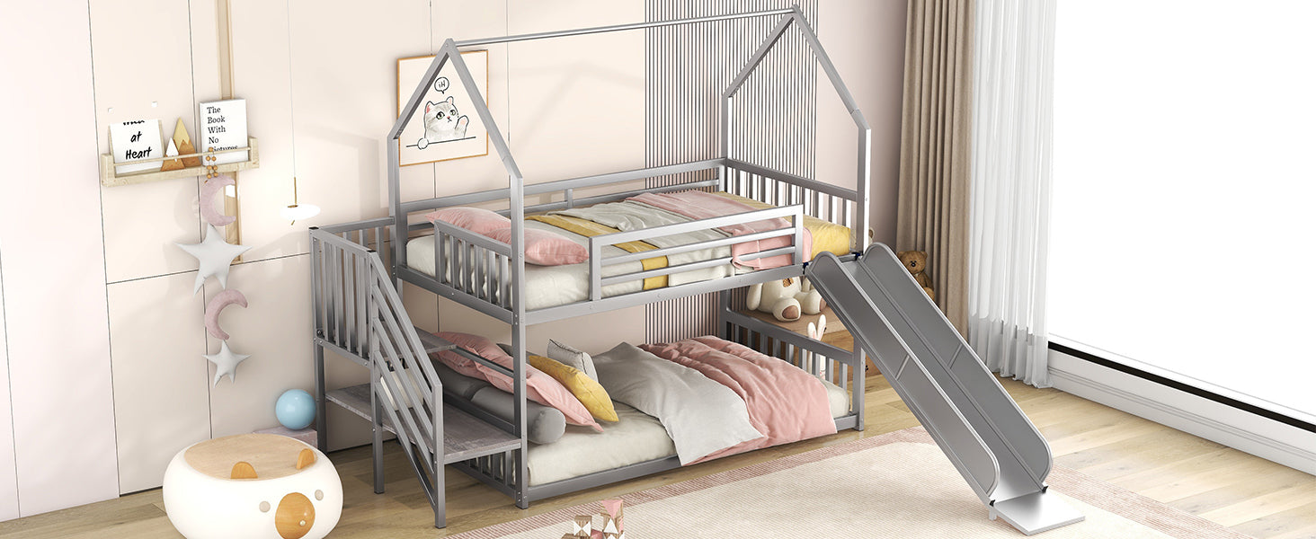 Twin over Twin Metal House Bunk Bed - Silver